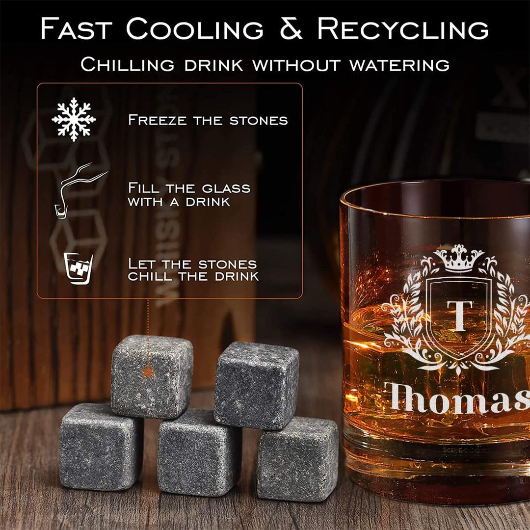 5-TLG Whisky Steine Set - mit gravierter Holzbox und Whiskyglas - mit 9x Kühlsteine + 1x Zange + 1x