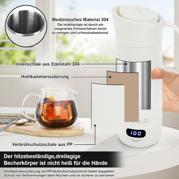 Elektrischer Reisewasserkocher Klein aus 304 Edelstahl, Tragbarer Wasserkocher für unterwegs mit Tem
