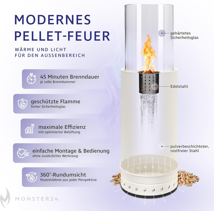 Monster24 Standkamin, rund, freistehend, 87 x 27 x 27 cm, Pellet Terrassenheizer für Outdoor, Terras