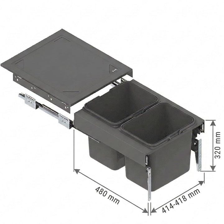 Einbau Mülleimer für 45 cm Küchenschrank 2-fach Abfallsystem 2 x 15L Vollauszug Soft Close Frontmont