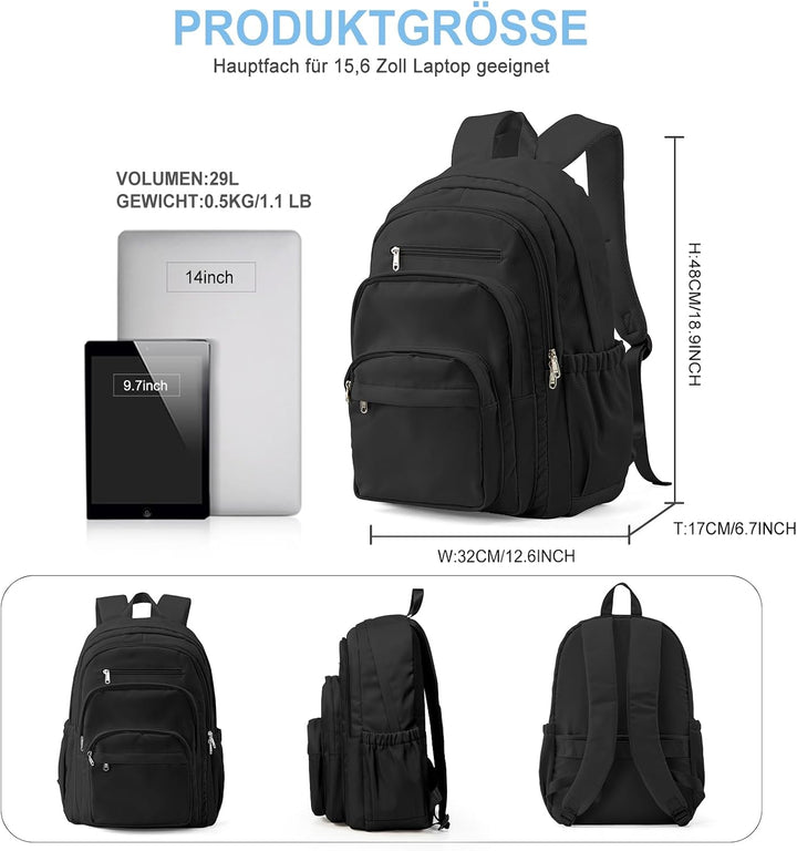 Schwarzer Rucksack Damen Herren, Leichter Schulrucksack Teenager Mädchen Jungen, Wasserabweisend Uni
