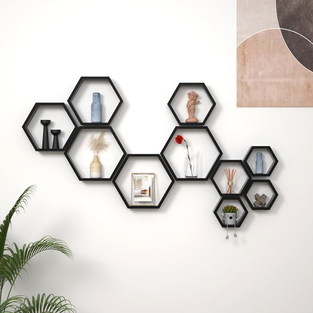 Sechseckige Wandregale Wabenförmige Regale 5er-Set Wandmontierte Holzregale im Landhausstil Wand-Auf