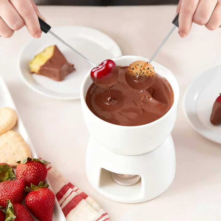 Schokofondue Tasse Set, Keramike Schokofondue mit 4 Gabeln und 1 Teelicht, Schokoladenfondue für Hau