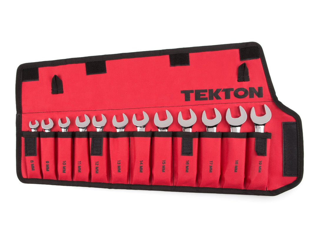 TEKTON WRN01190 Ring-Maulschlüssel-Satz (kurz) 12-teilig (8-19 mm) mit rollbarer Aufbewahrungstasche
