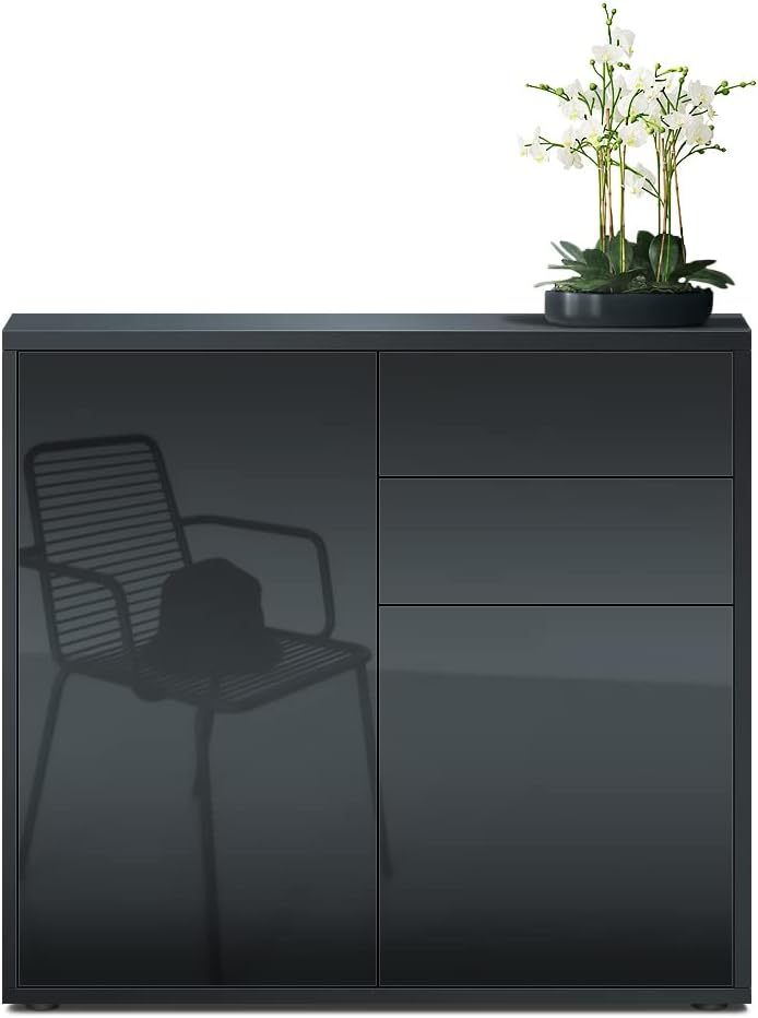 Vladon Sideboard Ben, Kommode mit 2 Türen und 2 Schubladen, Schwarz matt/Schwarz Hochglanz (79 x 74