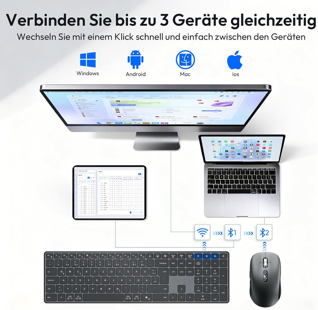 kabellose Bluetooth Tastatur- und Maus Kombination, Ultradünne und leise, mit 2,4-GHz-Funk und duale