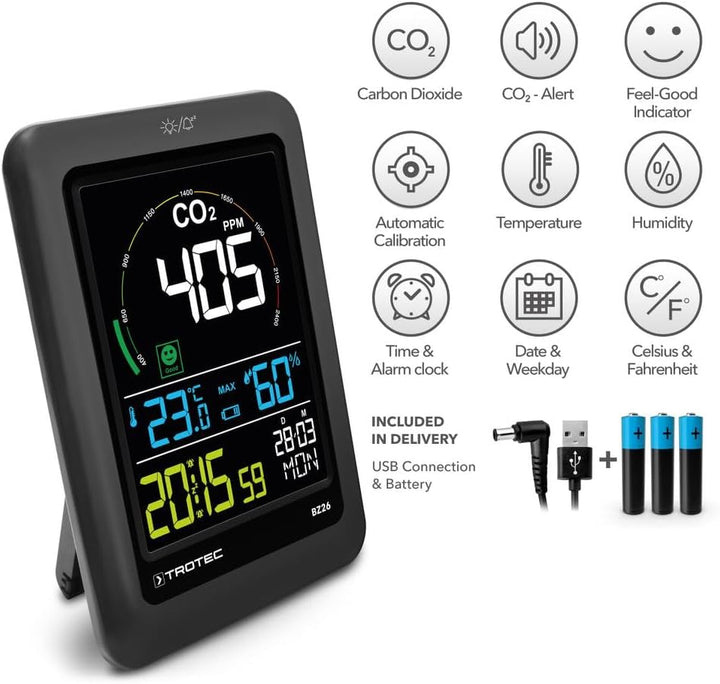 TROTEC CO2 Messgerät BZ26 – Luftqualitätsmonitor – Messbereich 400 bis 5000 PPM, Lufttemperatur, rel