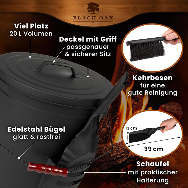 BLACK OAK Ascheeimer Stromboli 20L – schwarz mit Deckel Schaufel & Besen Bügel schwarz gross 20 Lite