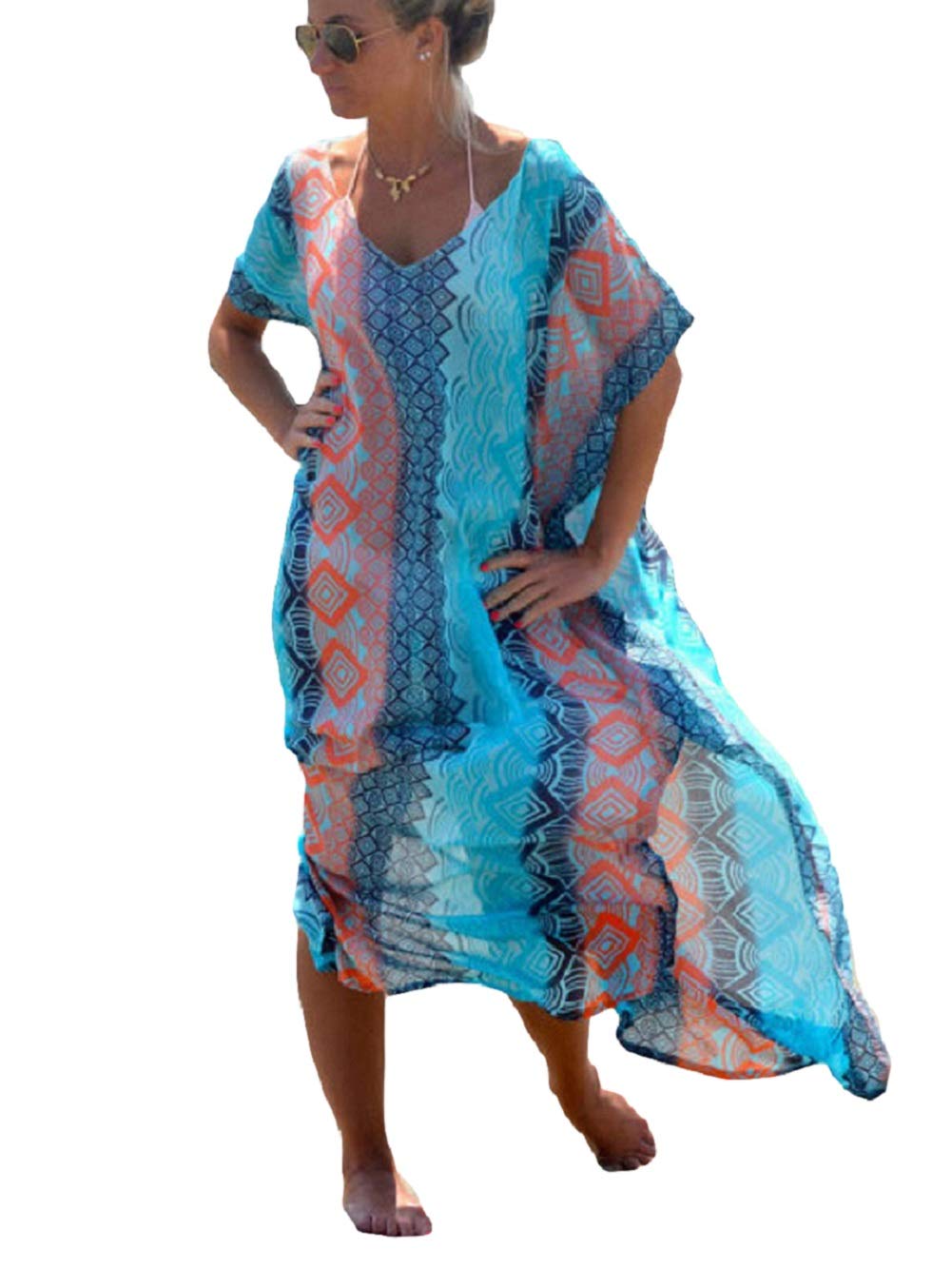 Bsubseach Damen Beachwear Türkische Kaftans Lange Strandkleid Caftan Beach Dress B-blau, B-blau