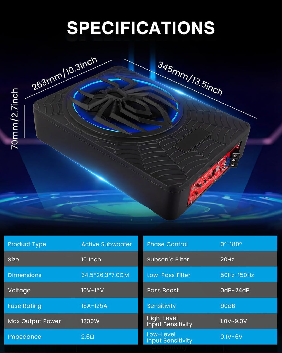 Aktiver Subwoofer für Auto, Unter den Sitzen Montierbar, Maximale Leistung 1200 W, 10 Zoll, Integrie