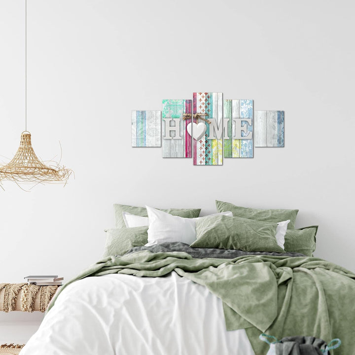 Runa Art Wandbilder Home Holzoptik 5 Teilig Bild auf Vlies Leinwand Deko Wohnzimmer Vintage Herz Bun