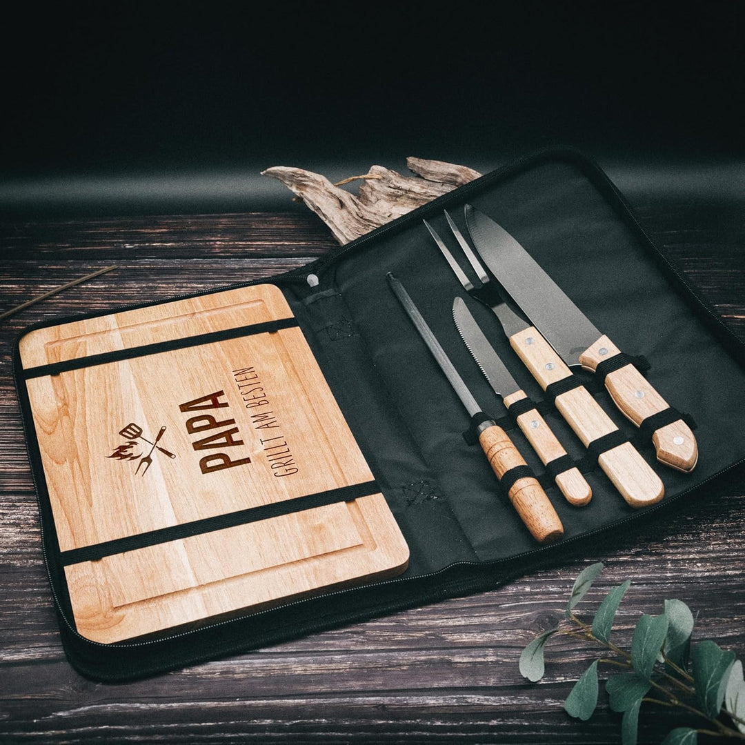 Grillset mit Messer im Messerset, Grillen Geschenk, Grill Accessories, Grillbrett, Geschenke für Män