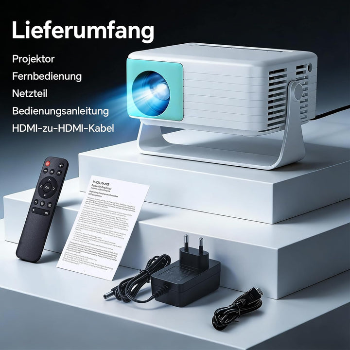 WOLFANG Mini Beamer, Tragbarer Projektor mit 1080P Eingabeunterstützung, nativer 720P Auflösung, Aut