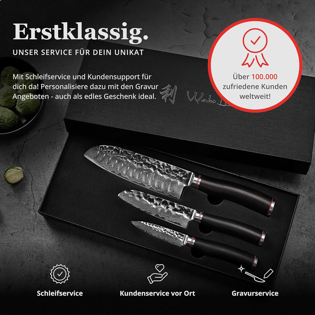 Wakoli Ebo 3er Damastmesser Set mit 9-18cm Klingen mit Hammerschlag gefertigt aus 67 Lagen echtem Da