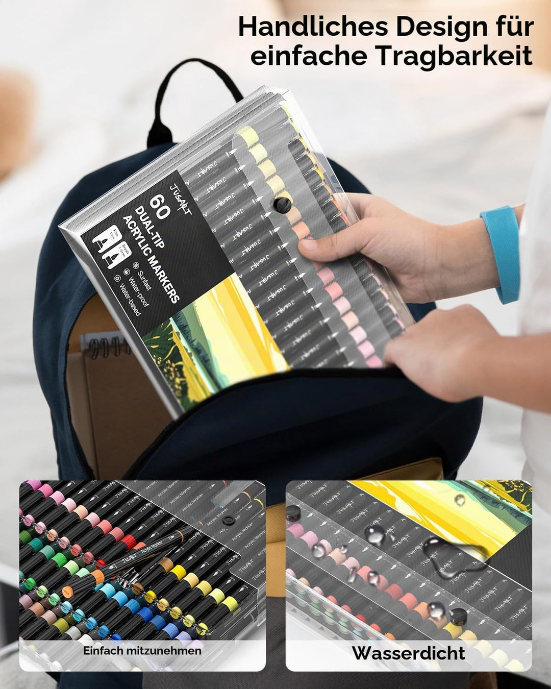 JusArt 48 Acrylstifte mit Doppelspitze, Pinsel und feine Spitze, Acrylic Marker Wasserfest, Premium-