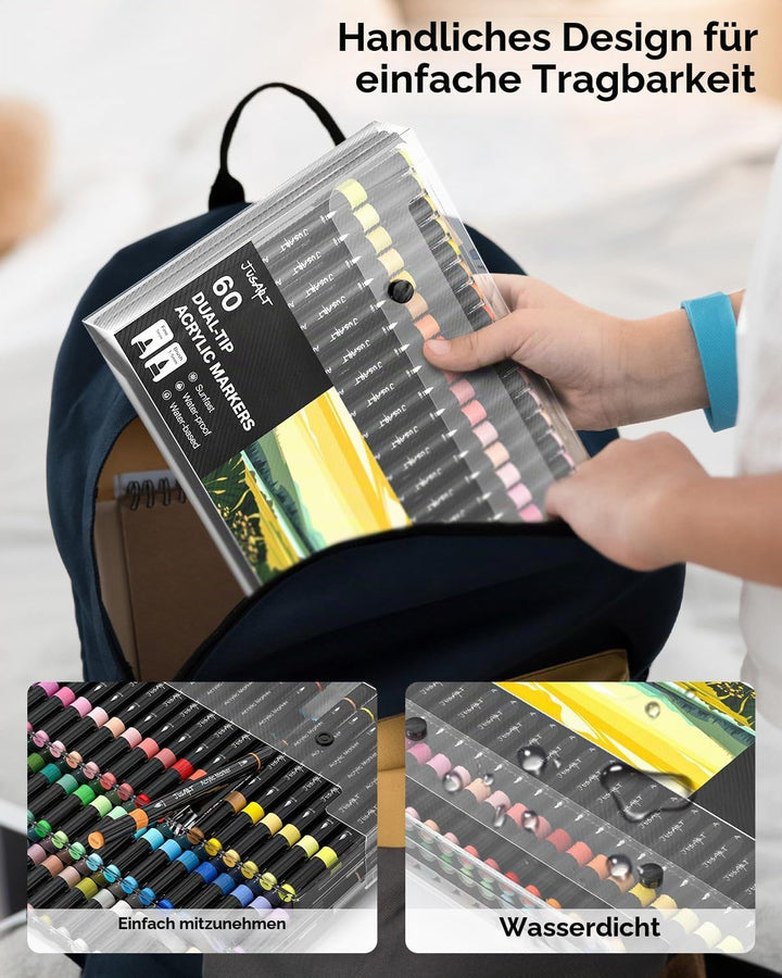 JusArt 48 Acrylstifte mit Doppelspitze, Pinsel und feine Spitze, Acrylic Marker Wasserfest, Premium-