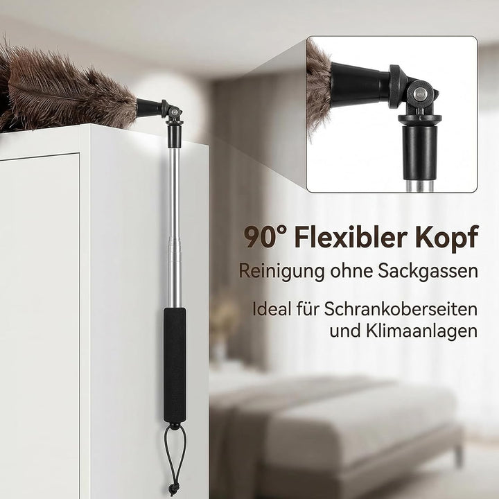 Teleskop Staubwedel aus Straussenfedern, ausziehbar bis 125 cm, waschbar, mit 180 Grad Knickkopf, fü