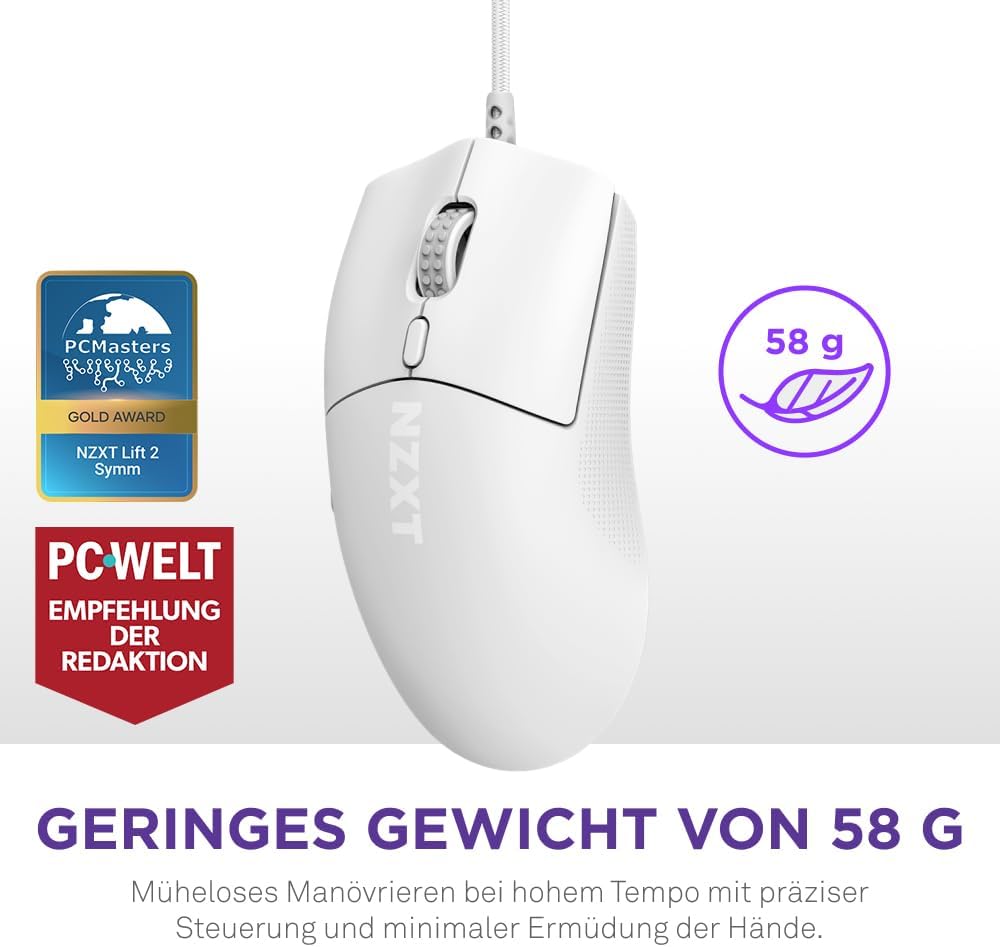 NZXT Lift 2 Symm | Leichte symmetrische kabelgebundene Gaming-Maus | Leichte 58-g-Konstruktion | 8K-