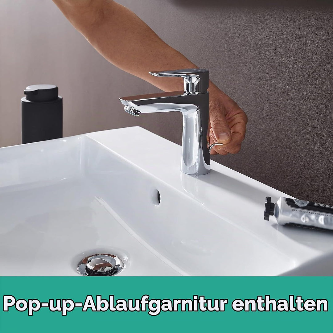 hansgrohe Waschtischarmatur Talis E, Wasserhahn Bad mit Auslauf Höhe 110 mm, mit Zugstange, Badarmat
