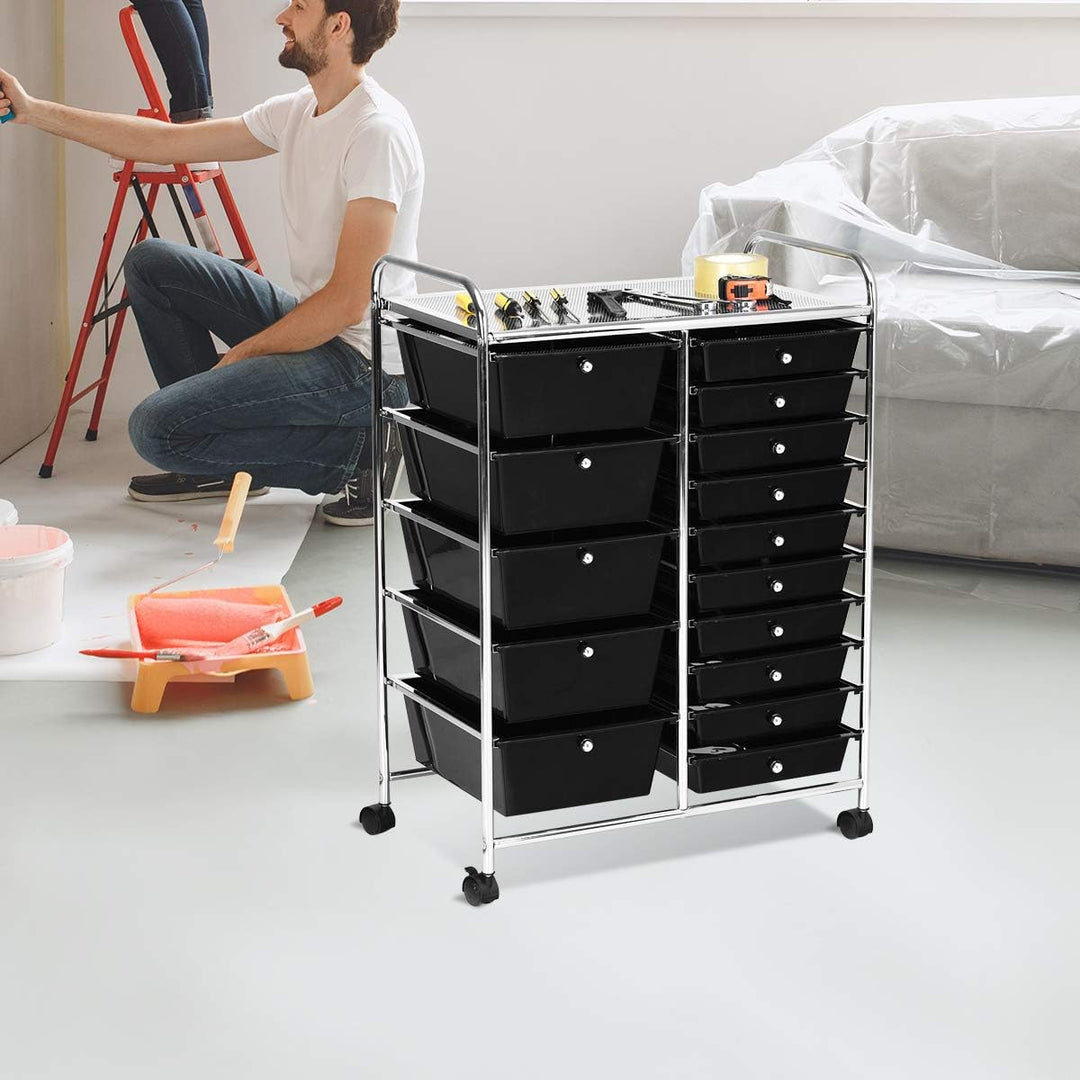 COSTWAY Rollwagen mit 15 stapelbaren Schubladen, Schubladenwagen Rollcontainer mit Metallgestell und
