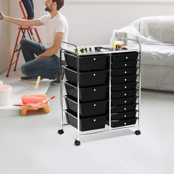 COSTWAY Rollwagen mit 15 stapelbaren Schubladen, Schubladenwagen Rollcontainer mit Metallgestell und