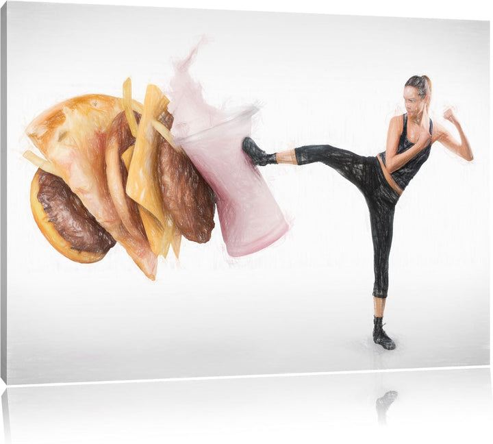 Pixxprint Starke Frau kickt gegen Fastfood Bunstift Effekt, Format: 100x70 auf Leinwand, riesige Bil