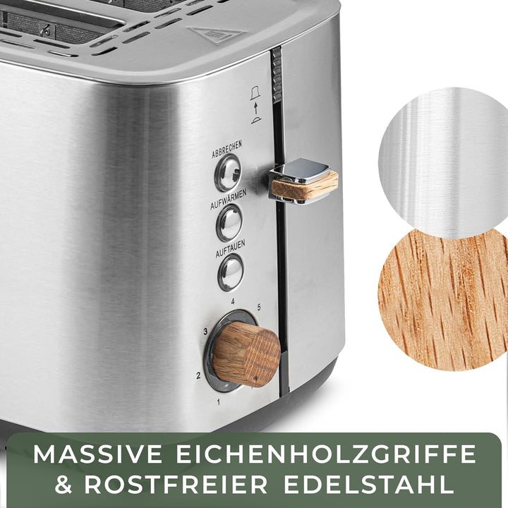 WALDWERK Design Toaster - aus 304 Edelstahl und Eichenholz - für 2 Scheiben - mit Brötchenaufsatz -