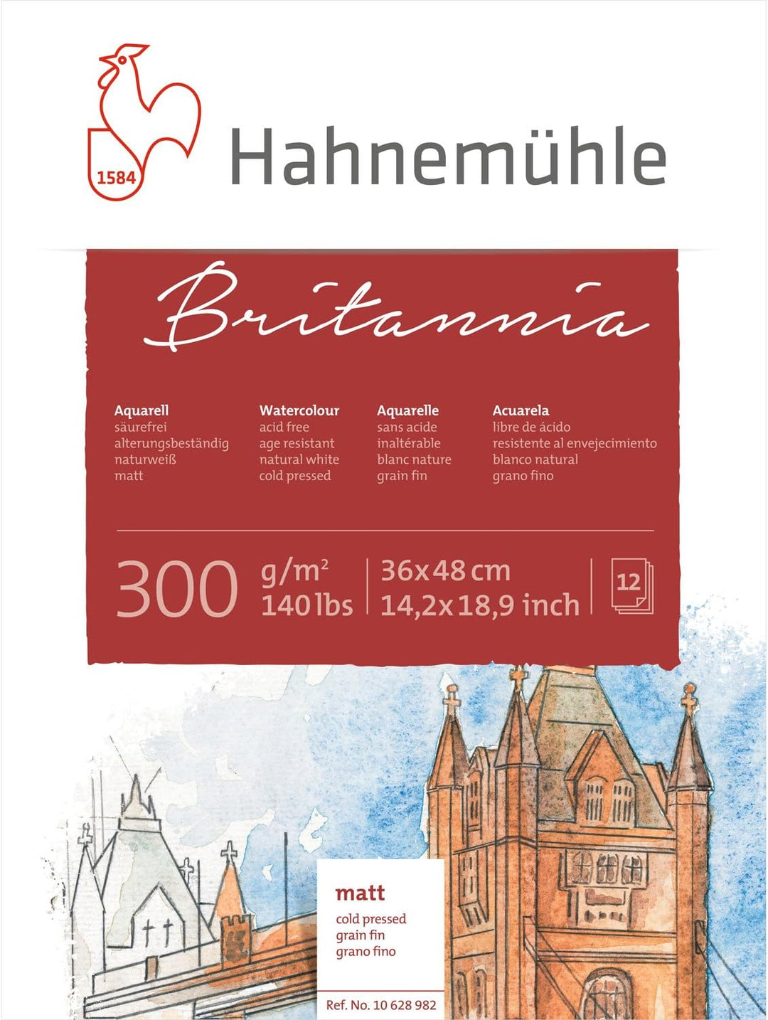 Hahnemühle Britannia Aquarellblock, mattes naturweisses Aquarellpapier, 300 g/m², 12 Blatt, 36 x 48