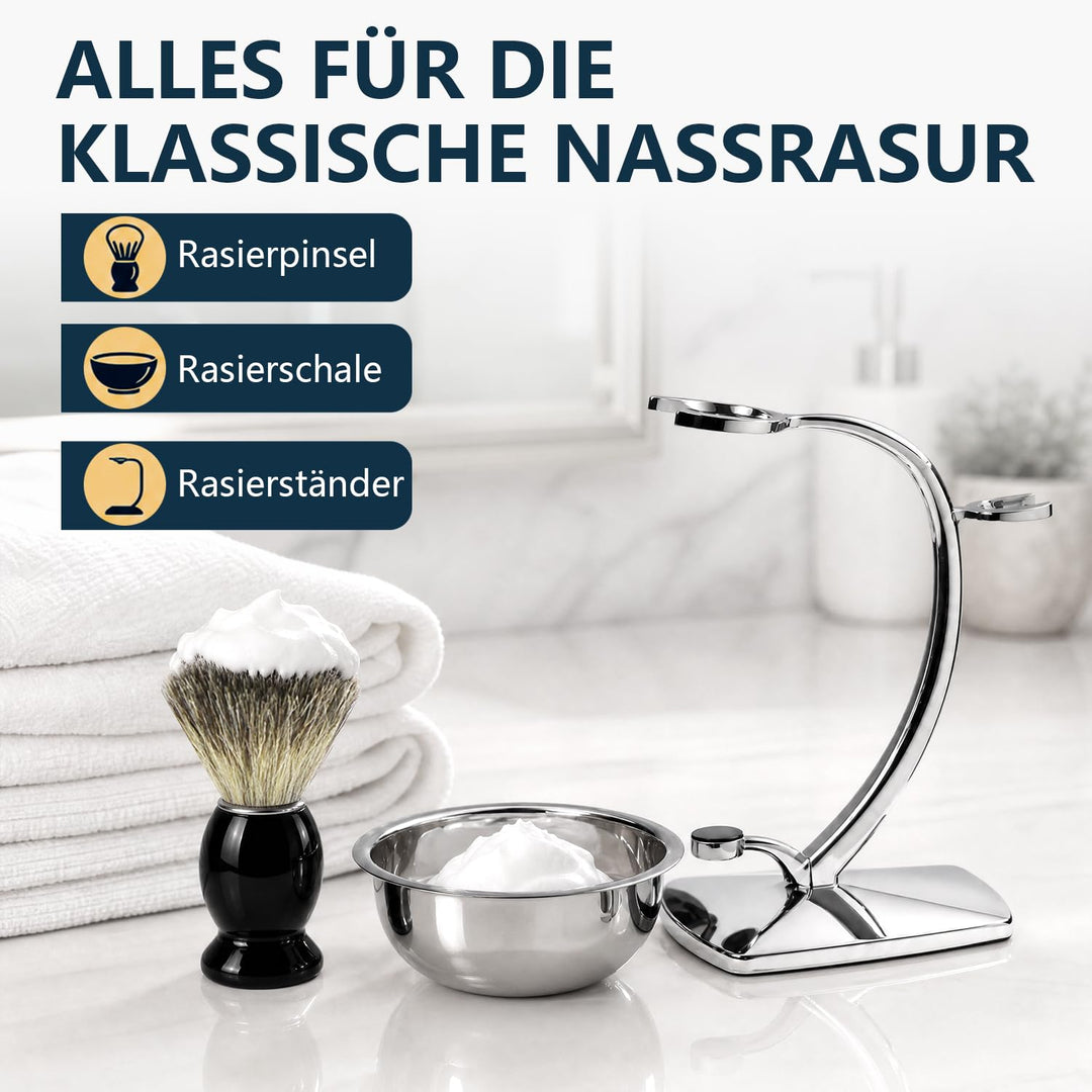 ERAVOR Luxus-Nassrasierset, Rasierpinsel aus synthetischem Dachshaar, magnetischer Rasierständer aus