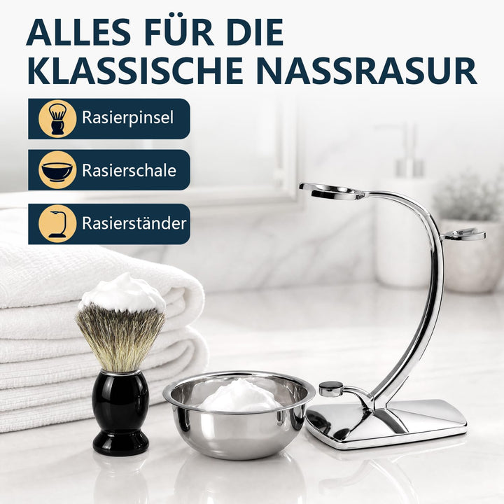 ERAVOR Luxus-Nassrasierset, Rasierpinsel aus synthetischem Dachshaar, magnetischer Rasierständer aus