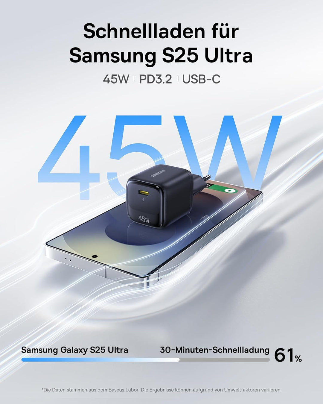 Baseus Enerfill 45W USB C Ladegerät GaN Schnellladegerät mit 1m Schnellladekabel, PPS PD Netzteil fü