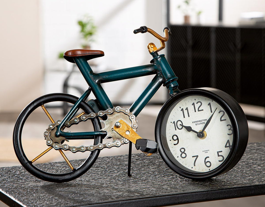 GILDE Stand-/Tischuhr aus Metall - Fahrradform - antikfinish - dunkelblau - Höhe 24cm x Breite 34cm