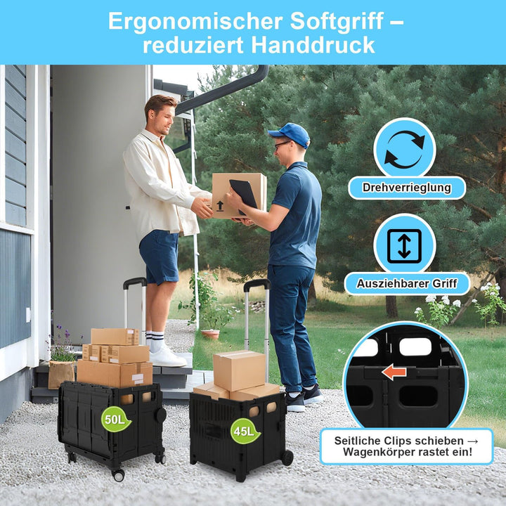 Einkaufstrolley Klappbar 45L, Faltbare Einkaufskiste mit Deckel, 2 Rollen &amp; höhenverstellbarem Teles