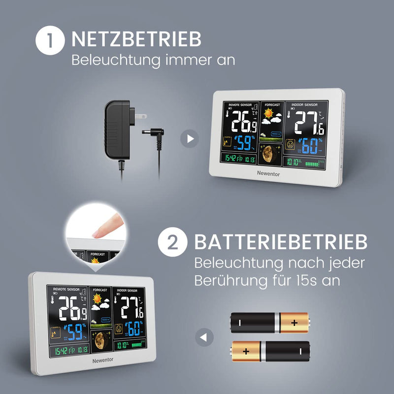 Newentor Wetterstation Funk mit Aussensensor - Funkwetterstation mit Wettervorhersage, Temperaturwar