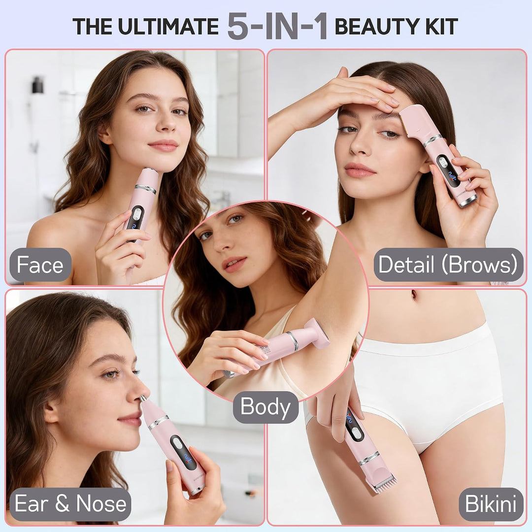 BarberBoss 5-in-1 Elektrorasierer Damen, Damenrasierer mit Bikini Trimmer, Gesichtsrasierer, Nasen-