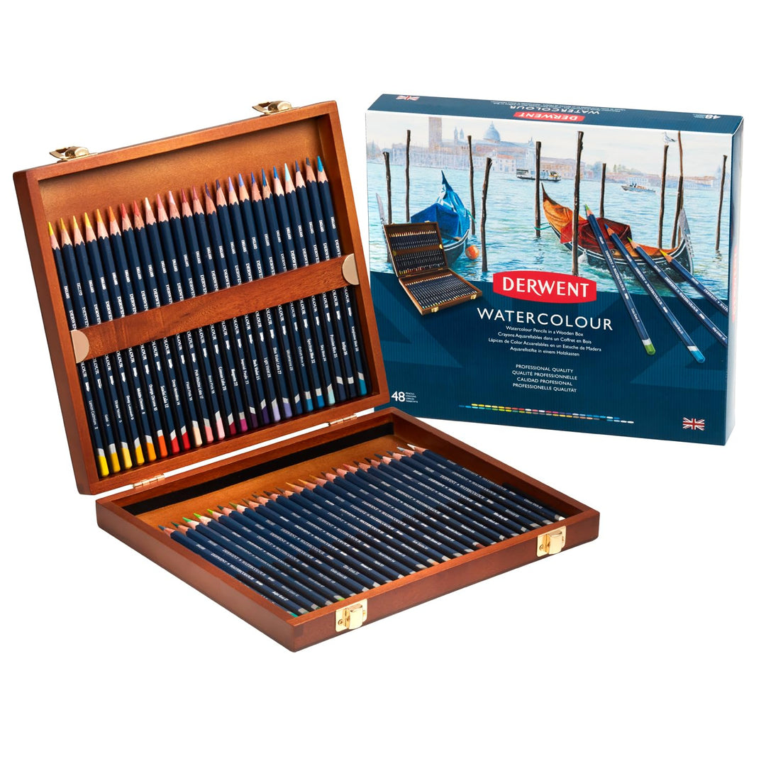 Derwent Aquarellstifte in einer Geschenk-Box aus Holz, Zeichnen & Malen, 48er-Set, Ideal zum Vermisc