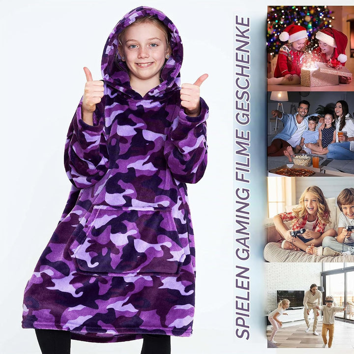 CityComfort Decke Hoodie Kinder Fleece Übergrösse Kapuzenpullover Mädchen Einheitsgrösse Lila Tarnfa
