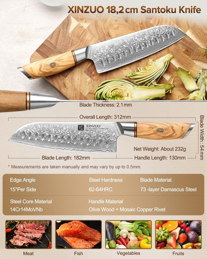 XINZUO Damaststahl 18.2cm Santokumesser, scharf Kochmesser 73 Schichten Damastpulverstahl profi Küch