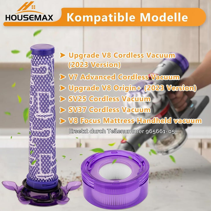HOUSEMAX Upgrade V8 V7 Filter Ersatz Kit für Dyson V8 Absolute Animal, SV25, SV37 – 2 HEPA Nachmotor