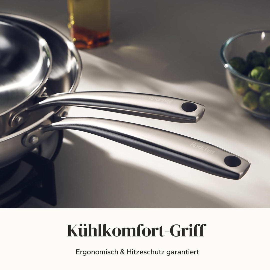 Redchef Bratpfanne 28 cm, Edelstahlpfanne unbeschichtet mit genieteter Griff, Edelstahl, Induktionsg