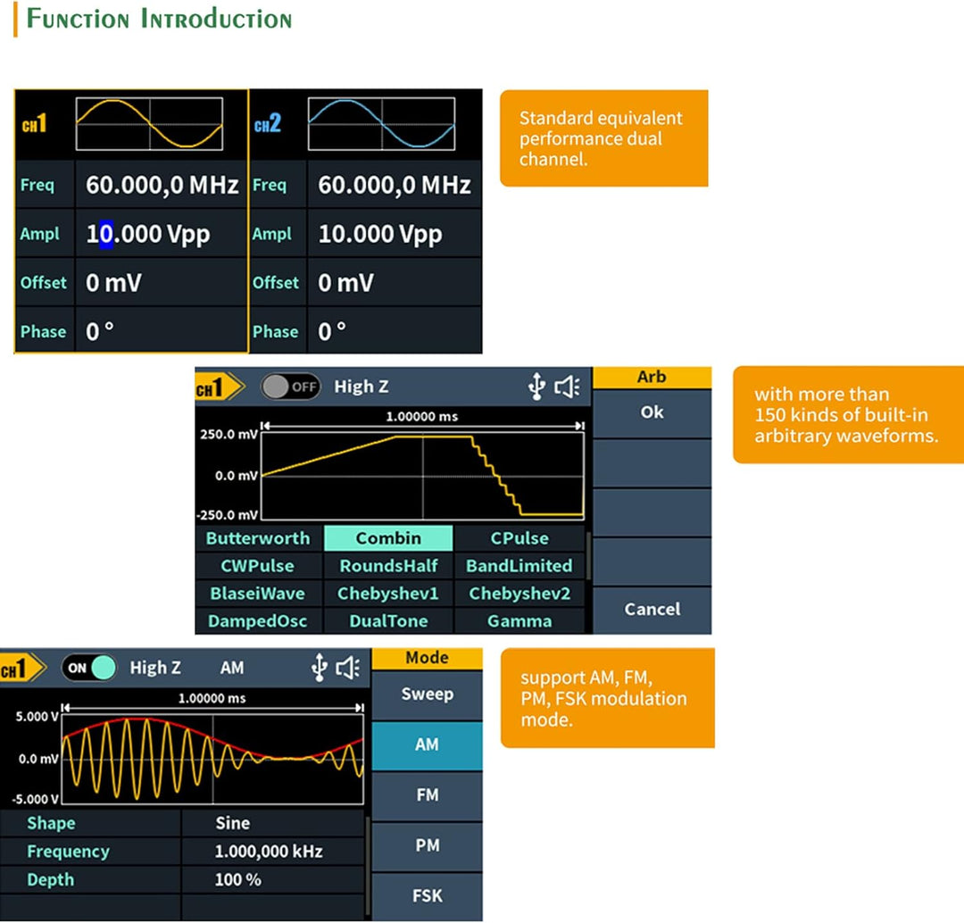OWON DGE2070 Arbitrary Waveform Generator AWG 14bit vertikale Auflösung 2CH 70MHz 300MSa/s 3,6 Zoll