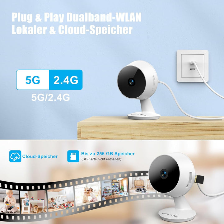 VISION WELL Mini 2K Überwachungskamera Innen- & Aussenbereich, für Zuhause, Haustiere & Babys, Beweg