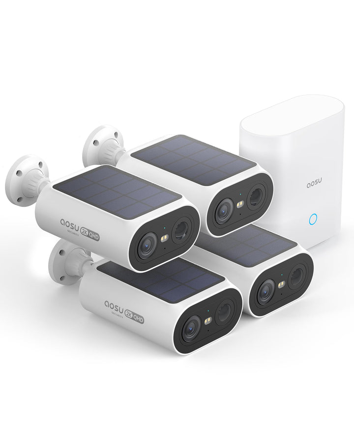 aosu 2K Überwachungskamera Aussen Solar Akku 4 Cam-Kit mit Aosubase Integrierte Solarplatte Kein ABO