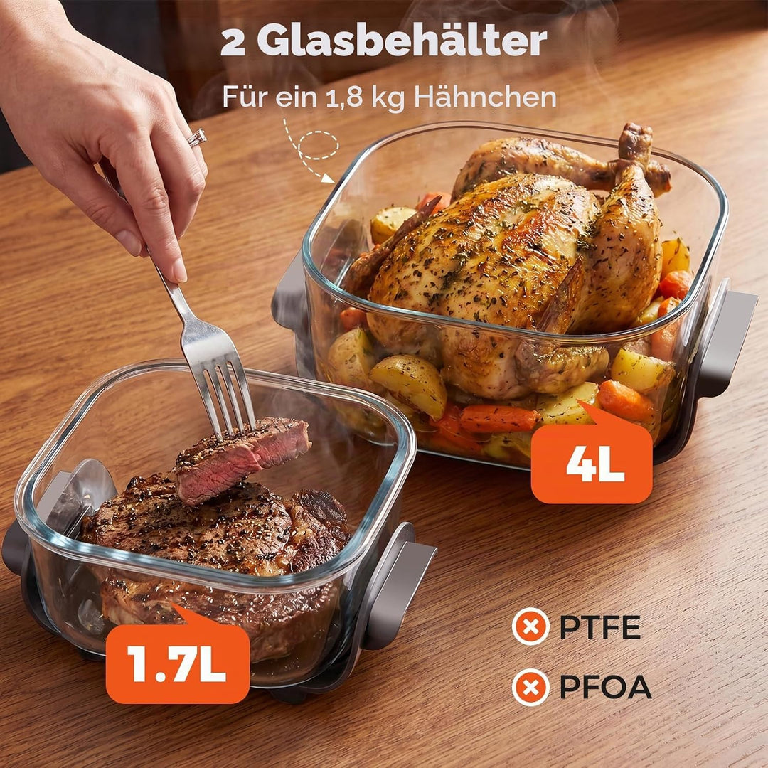 LIFEZEAL Tragbare 6-in-1 Heissluftfritteuse, 4 L &amp; 1,7 L austauschbare Glasbehälter mit Deckel, Heis