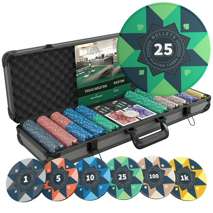 Bullets Playing Cards | Pokerkoffer „Paulie“ mit 500 Keramik Pokerchips 10g | Pokerset mit Karten, W