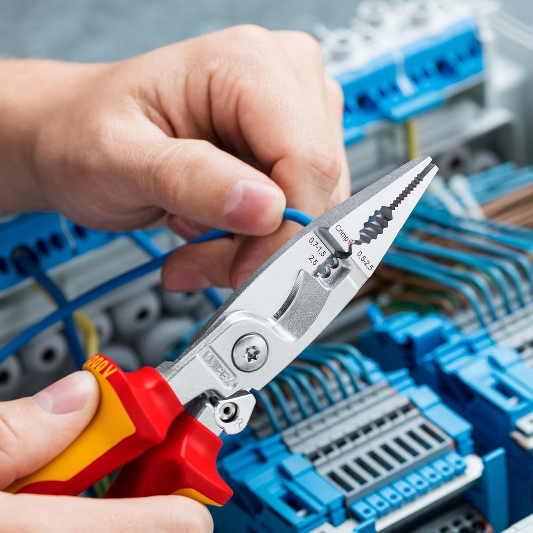 KNIPEX Elektro-Installationszange, VDE, Öffnungsfeder, Kabelschneiden, Abisolieren, Crimpen von Ader