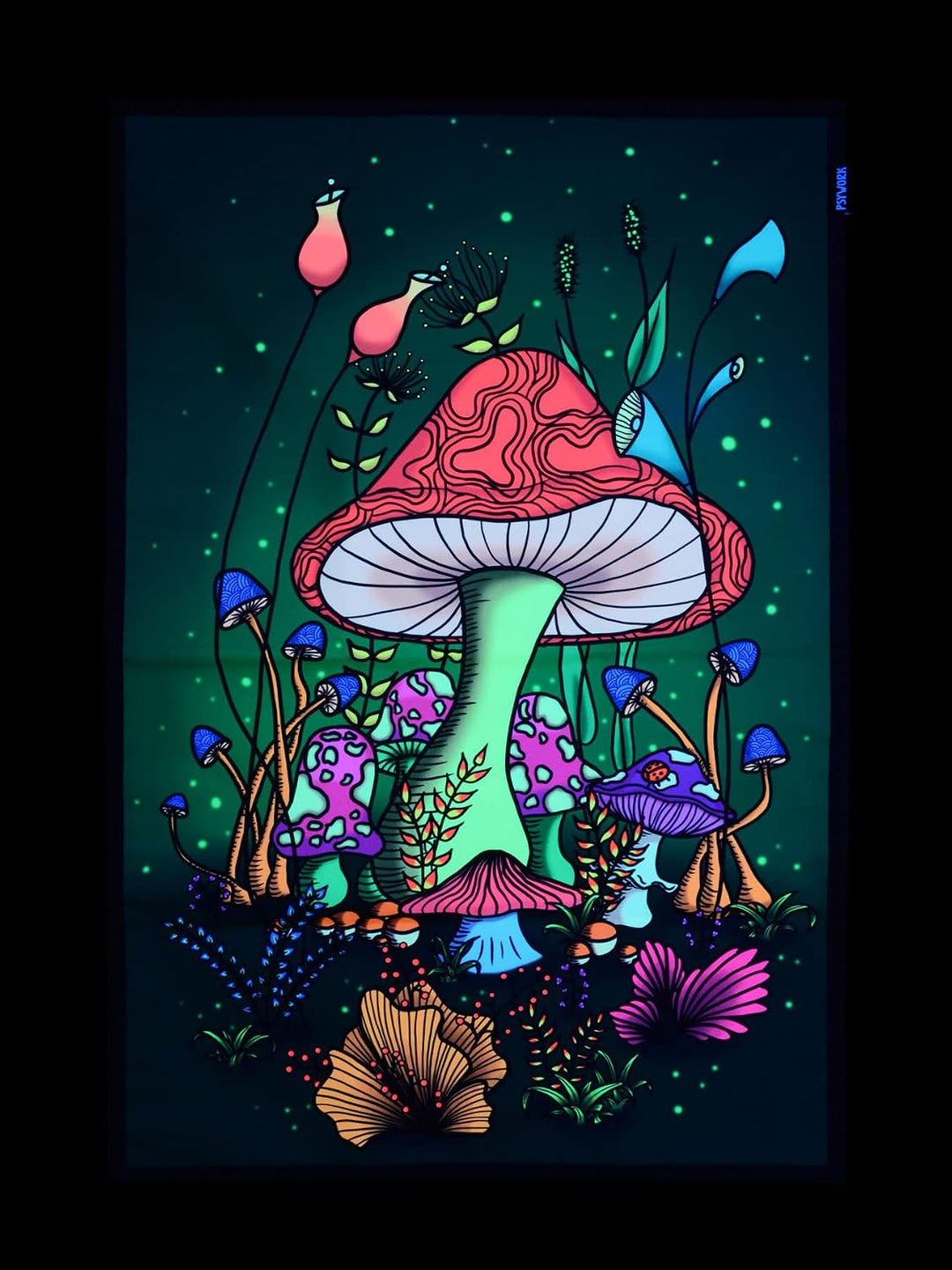 PSYWORK Schwarzlicht Stoffposter Neon | Magic Mushroom Wonderland | 0,6 x 0,9m | UV-aktiv | fluoresz