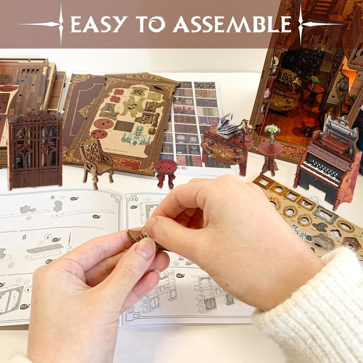 CRIOLPO Book Nook Kit-DIY Puppenhaus Holz Miniatur Haus Kit, Buch Ecke Miniatur Kit für Erwachsene T