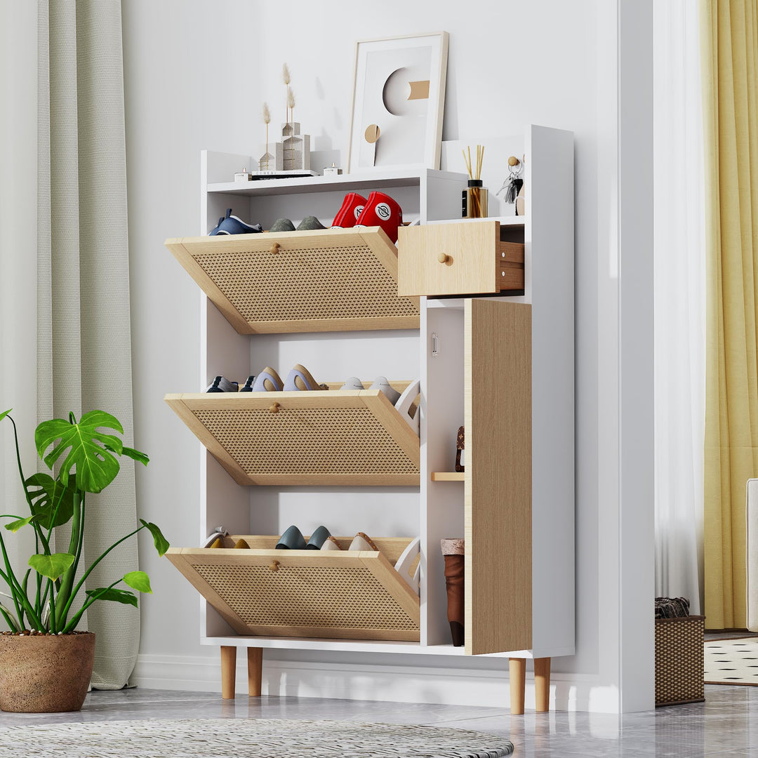 BTM Schuhschrank, Rattan Holz Schuhkipper mit 3 Klappen & Schublade & Tür & Massivholzbeinen, 90x17x