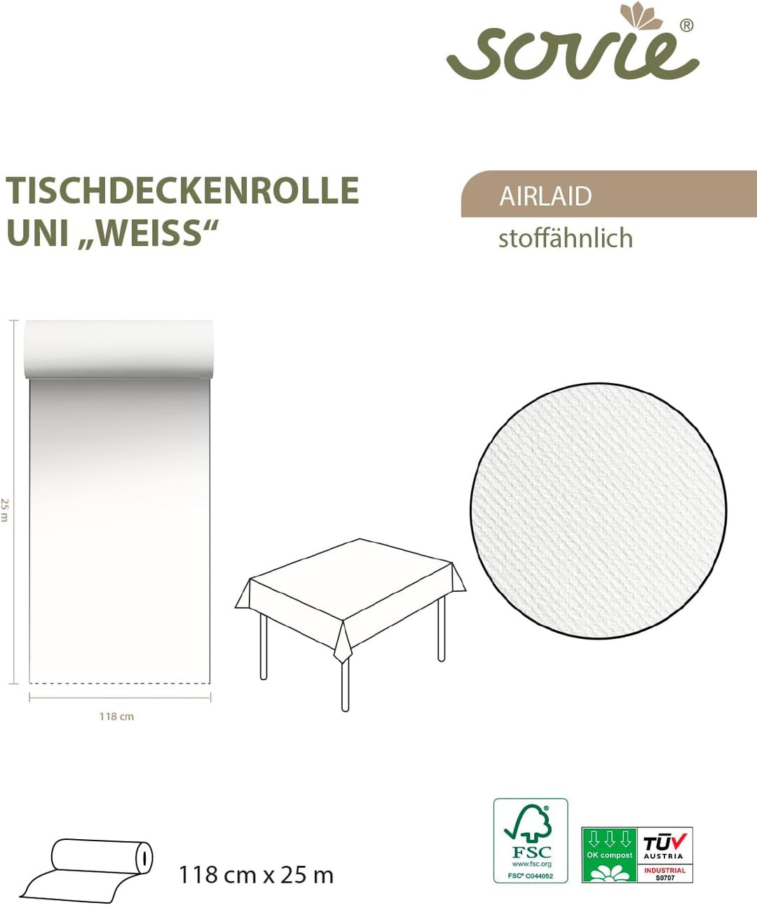 Sovie HORECA | Tischdeckenrolle | Linclass® Airlaid | 118 cm x 25 m | für Hochzeit, Geburtstag, Tauf